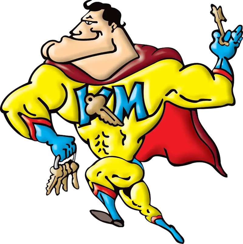 The Key Man, the Yakima Lock & Safe mascot: a caped hero holding up a key, a ring of keys in his other hand